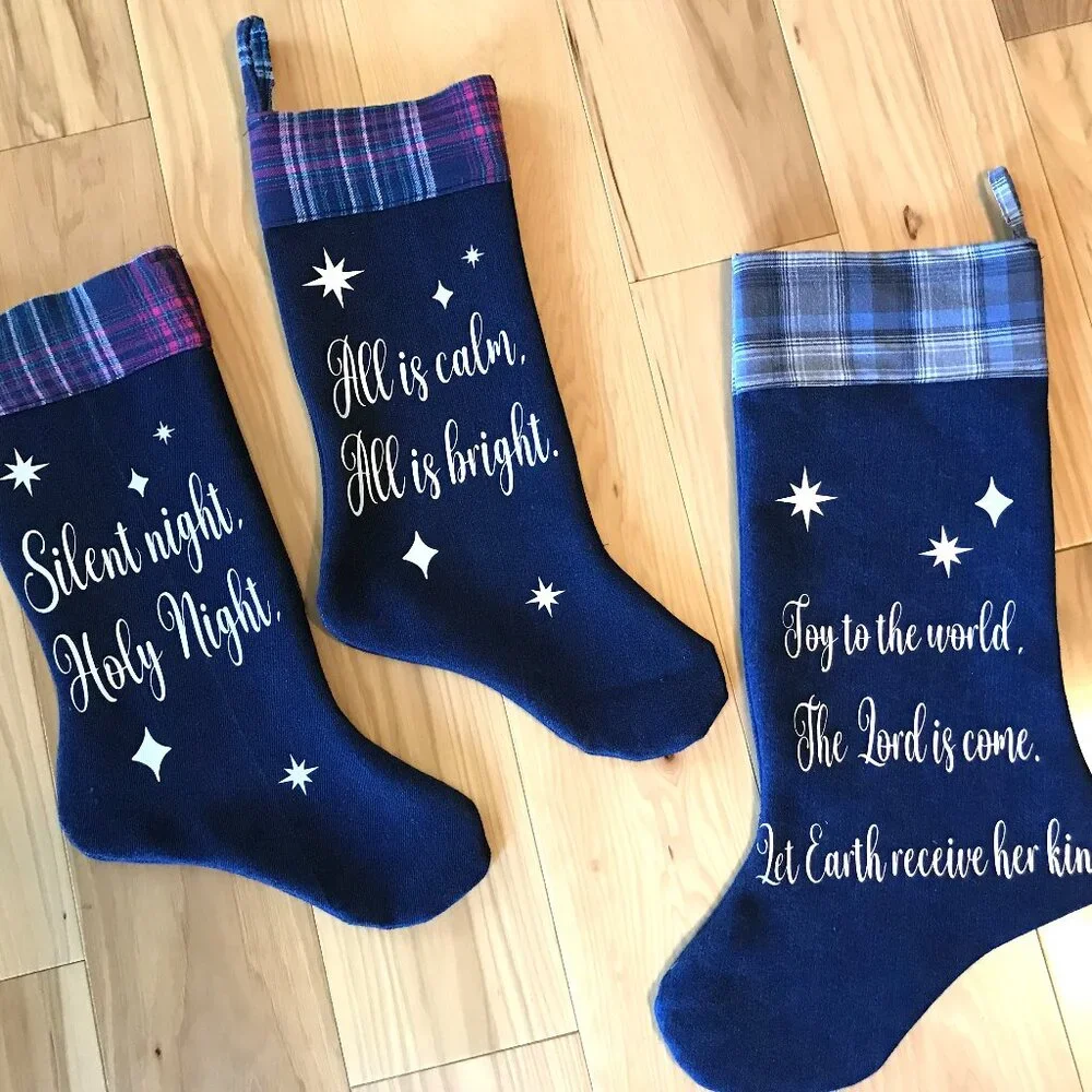 Denim Christmas Stocking, Old Fashioned Holiday Home Decor Silent Night Lyrics